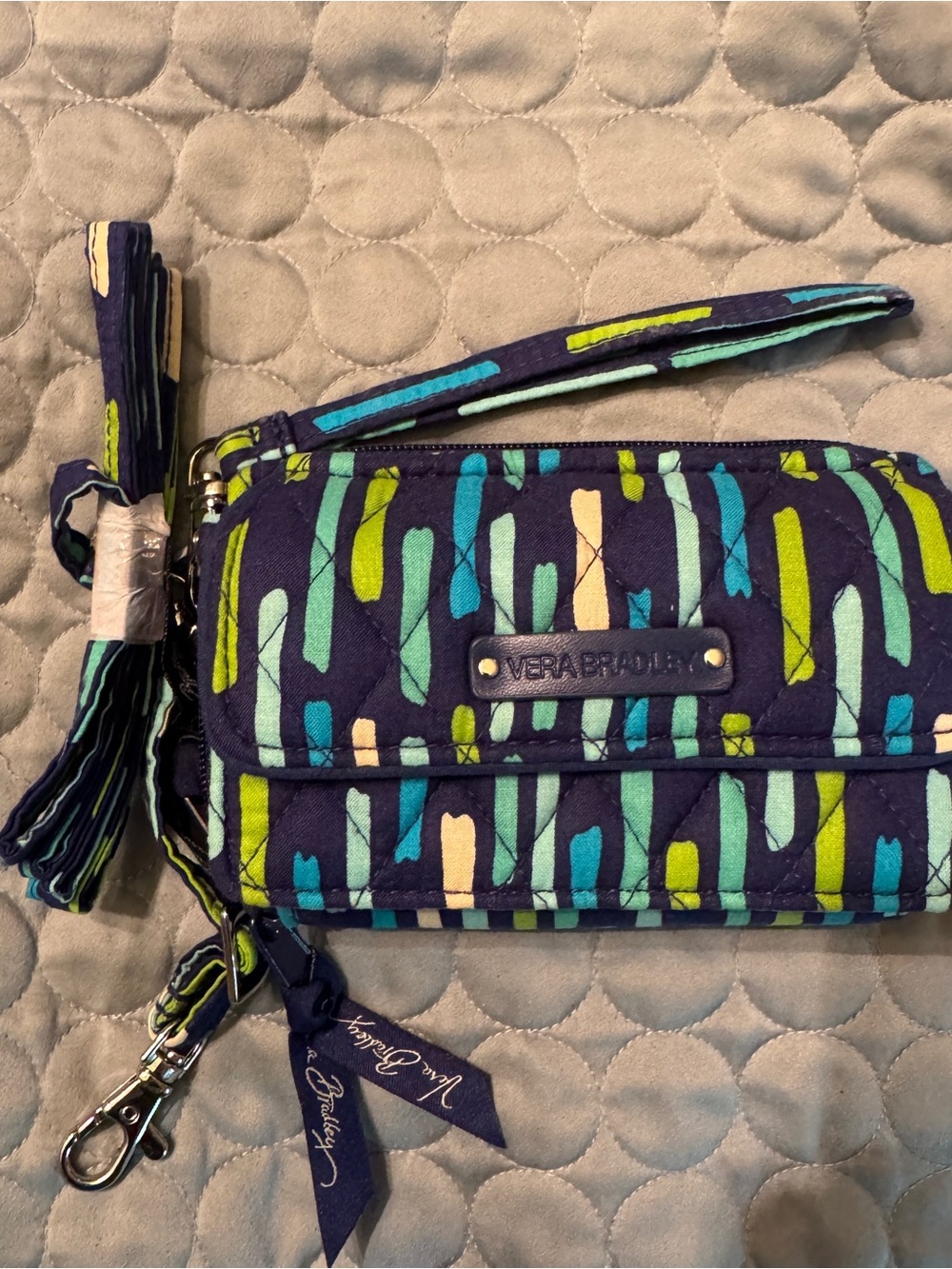 Vera Bradley Navy Quilted Wristlet with Teal, Aqua, & Lime